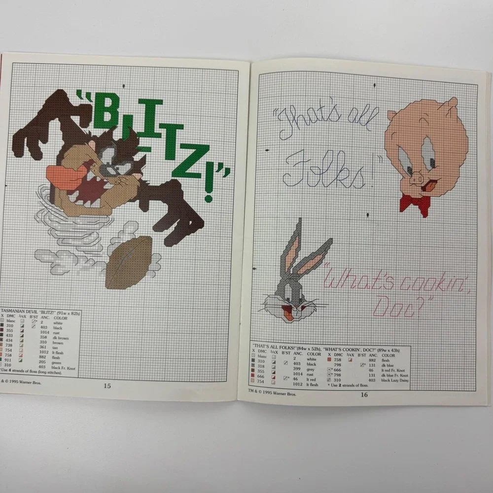 Vintage‎ 1995 Leisure Arts Looney Tunes Cross Stitch Book Leaflet 2723 Patterns